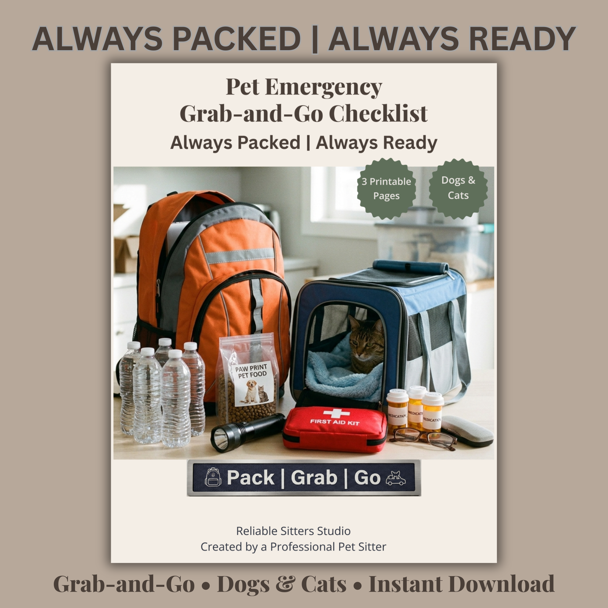 Pet Emergency Grab-and-Go Checklist printable with an emergency supply bag for dogs and cats.