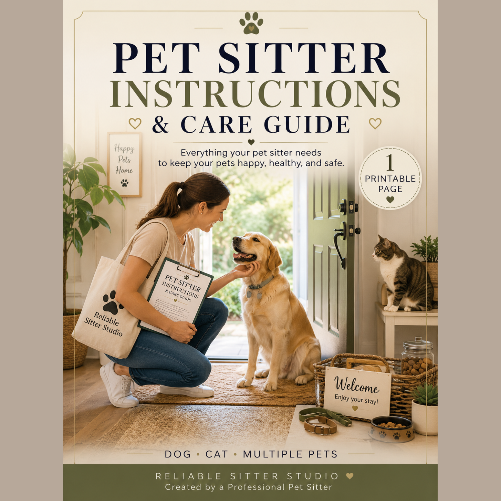 Pet Sitter Instructions printable care guide featuring a pet sitter with a dog and cat.