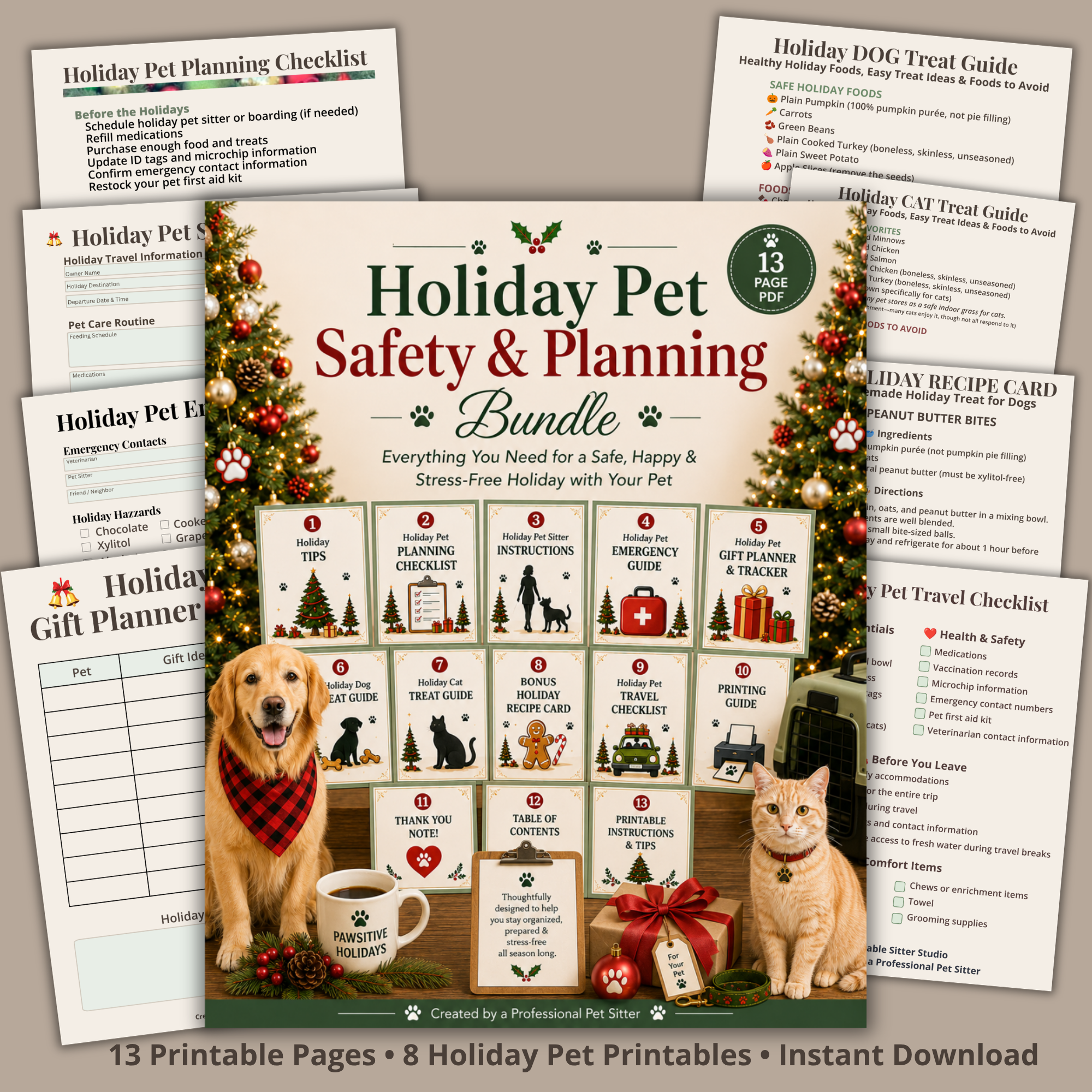 Holiday Pet Safety and Planning Bundle printable with pet care checklists, travel forms and emergency planning pages