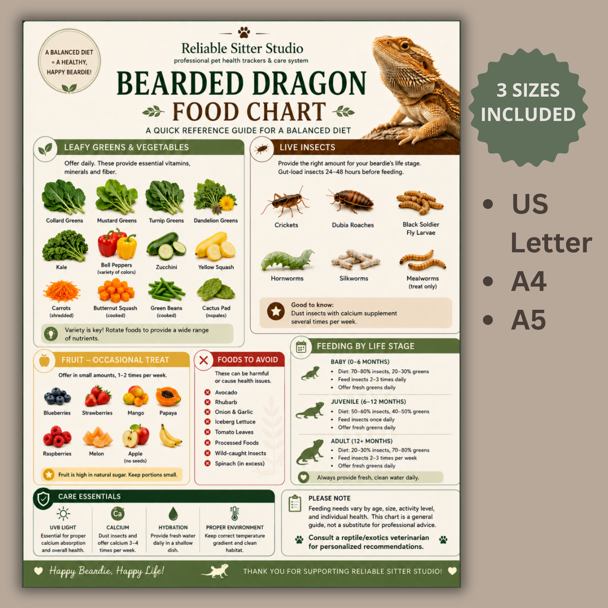 Bearded Dragon Safe Foods Chart printable with safe foods, occasional treats and foods to avoid
