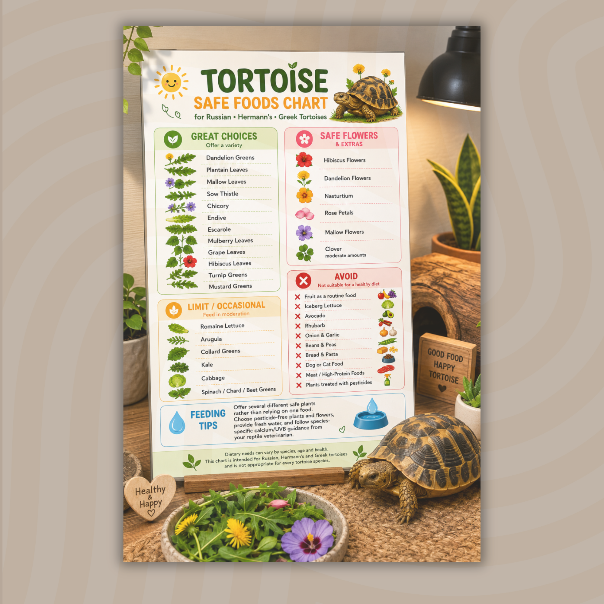 Tortoise Safe Foods Chart printable with safe greens, flowers and foods to avoid