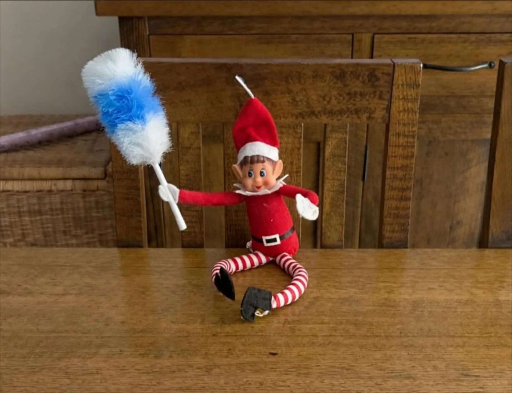 We have a special helper today on the tools 🧹🧼🧽 at least he is behaving! #elfonashelf #cleaning #duster #pristine #melbourne