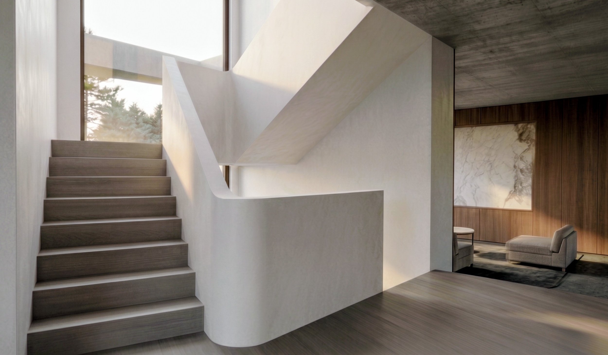Modern interior with a staircase featuring wooden steps and white walls, leading to a bright upper level with large windows. There is a seating area with gray armchairs, a wooden accent wall, and a marble feature wall visible in the background.
