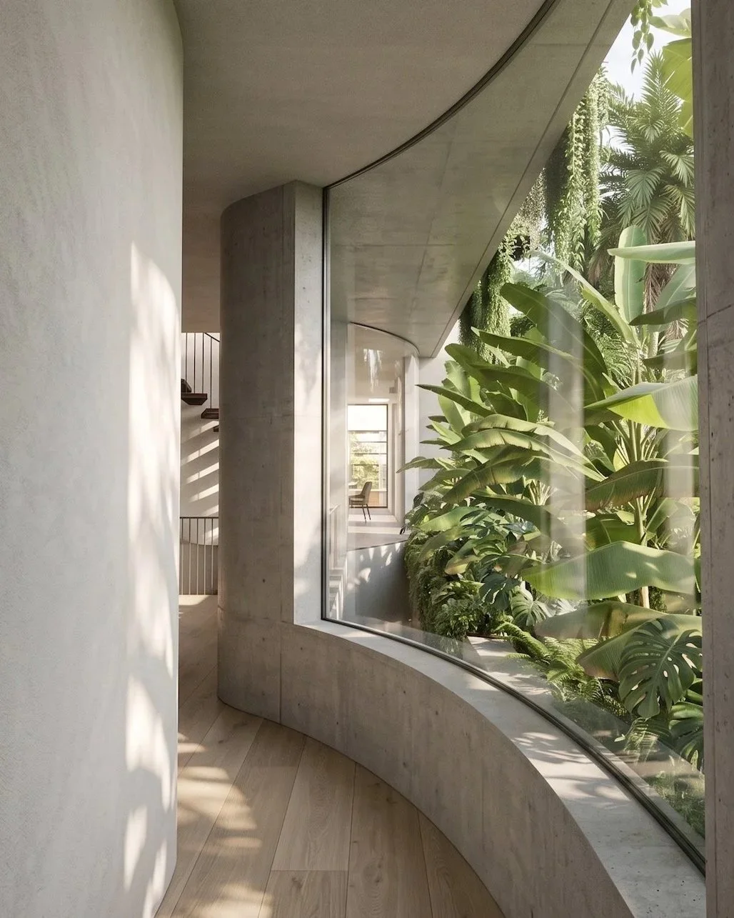 Interior view of a modern home with a curved glass wall overlooking lush tropical plants outside, with a concrete pillar and light wooden floor.