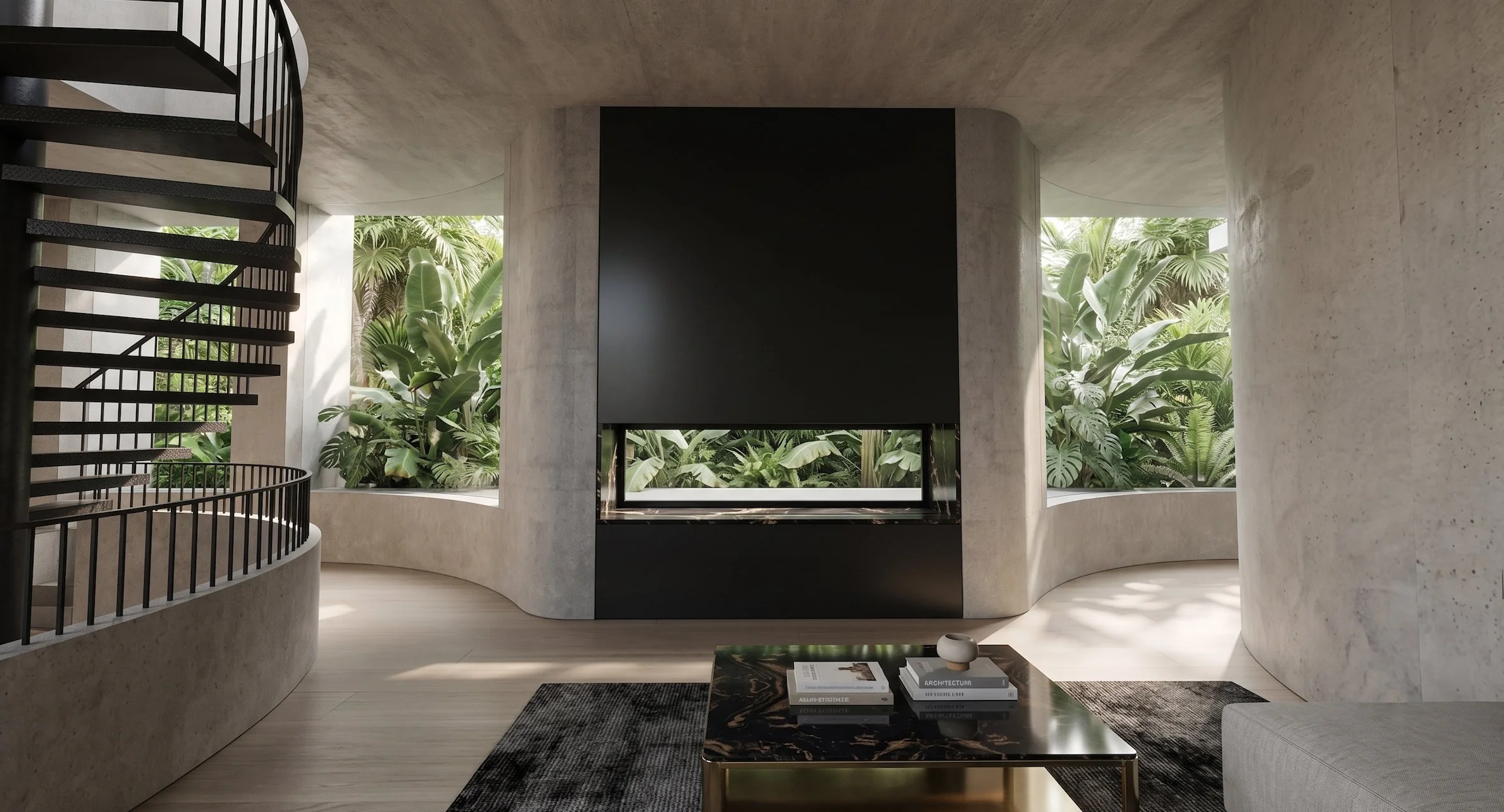 Modern interior with curved concrete walls, a spiral staircase on the left, large windows with lush green plants outside, and a black fireplace center with books and decor on a marble table in the foreground.