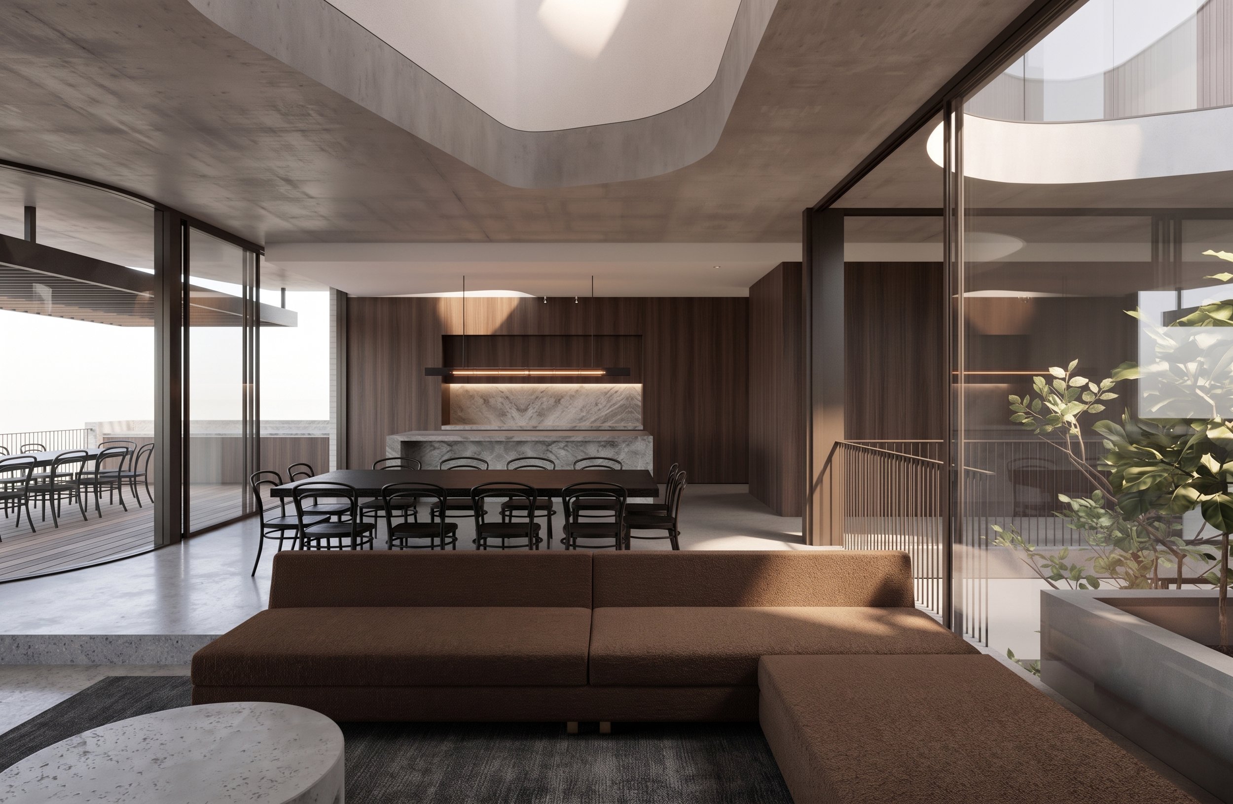 Modern interior living space with large glass sliding doors opening to an outdoor balcony, featuring a brown sofa, patterned marble coffee table, black chairs around a dining table, wood-paneled walls, and curved architectural ceiling details.