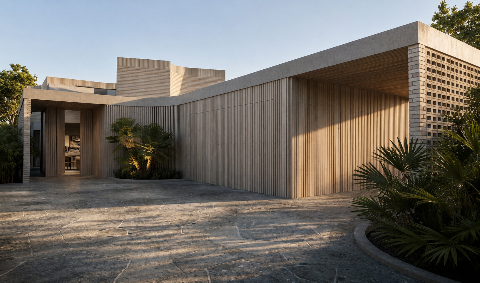 Modern building with wooden and concrete exterior, surrounded by plants, evening sunlight casting shadows on the wall.