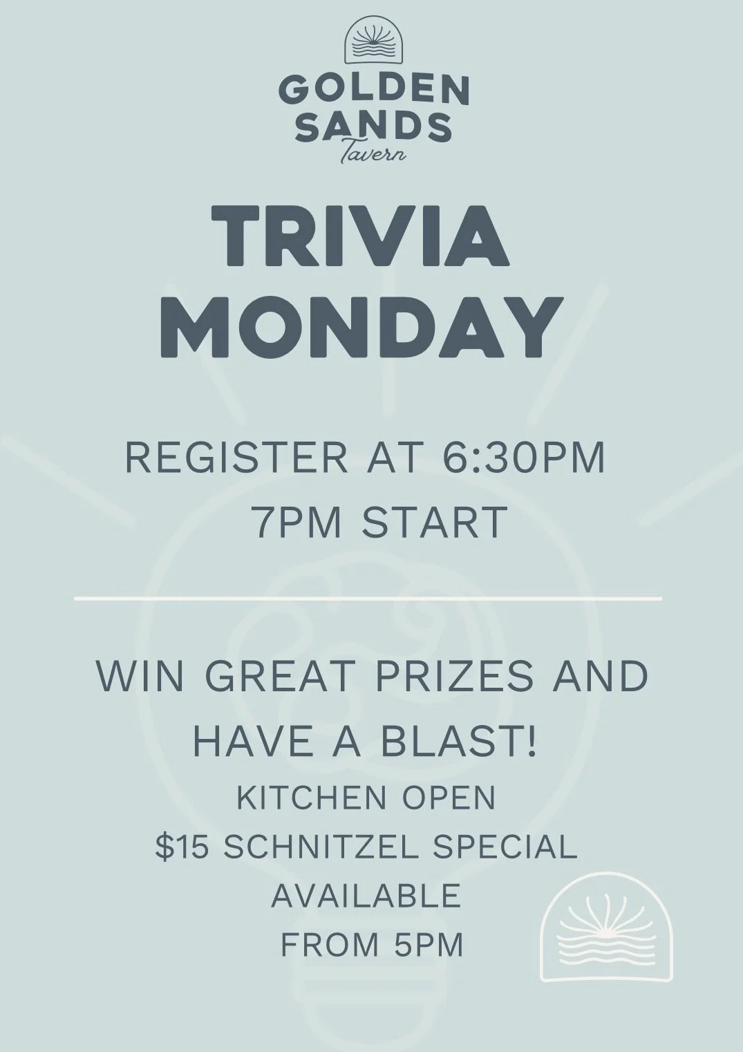 Event poster for Golden Sands Tavern's Trivia Monday, with details about registration at 6:30 PM, start at 7 PM, prizes, open kitchen, and schnitzel special from 5 PM.