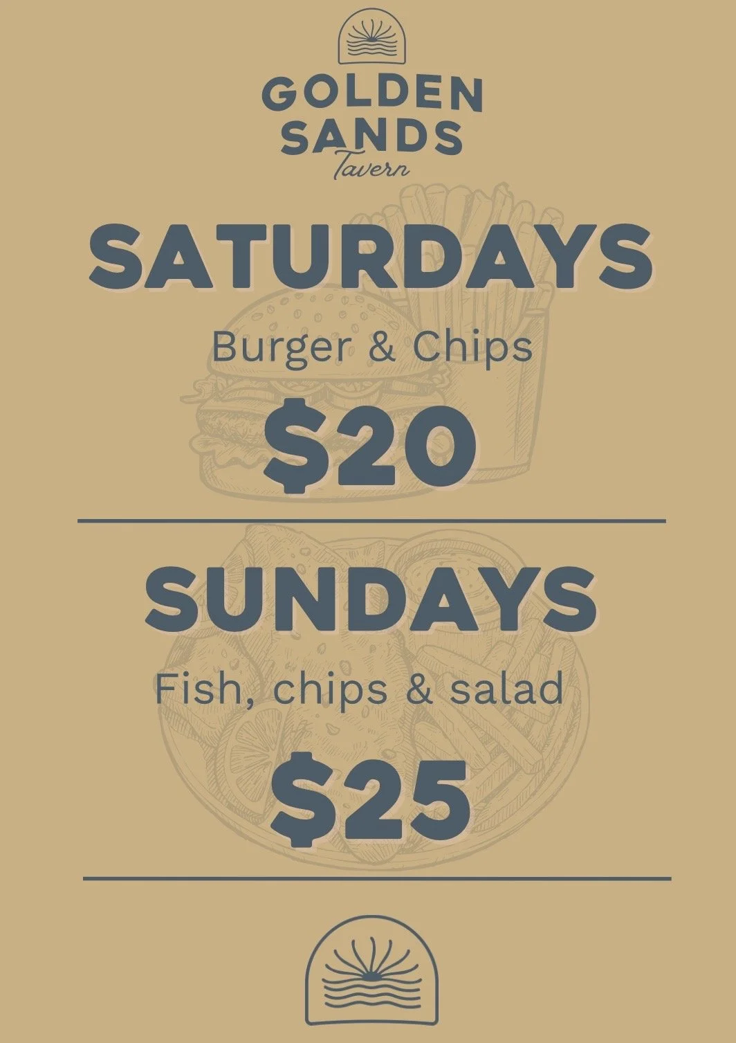 A promotional flyer for Golden Sands Tavern showcasing weekend special prices: $20 for burger and chips on Saturdays and $25 for fish, chips, and salad on Sundays, with background illustrations of a burger, fries, and fish dish visible.