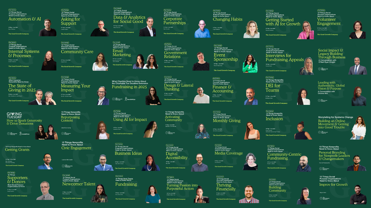 A collage of 40 headshots of diverse individuals with titles related to social organizations and community work, set against a green background.