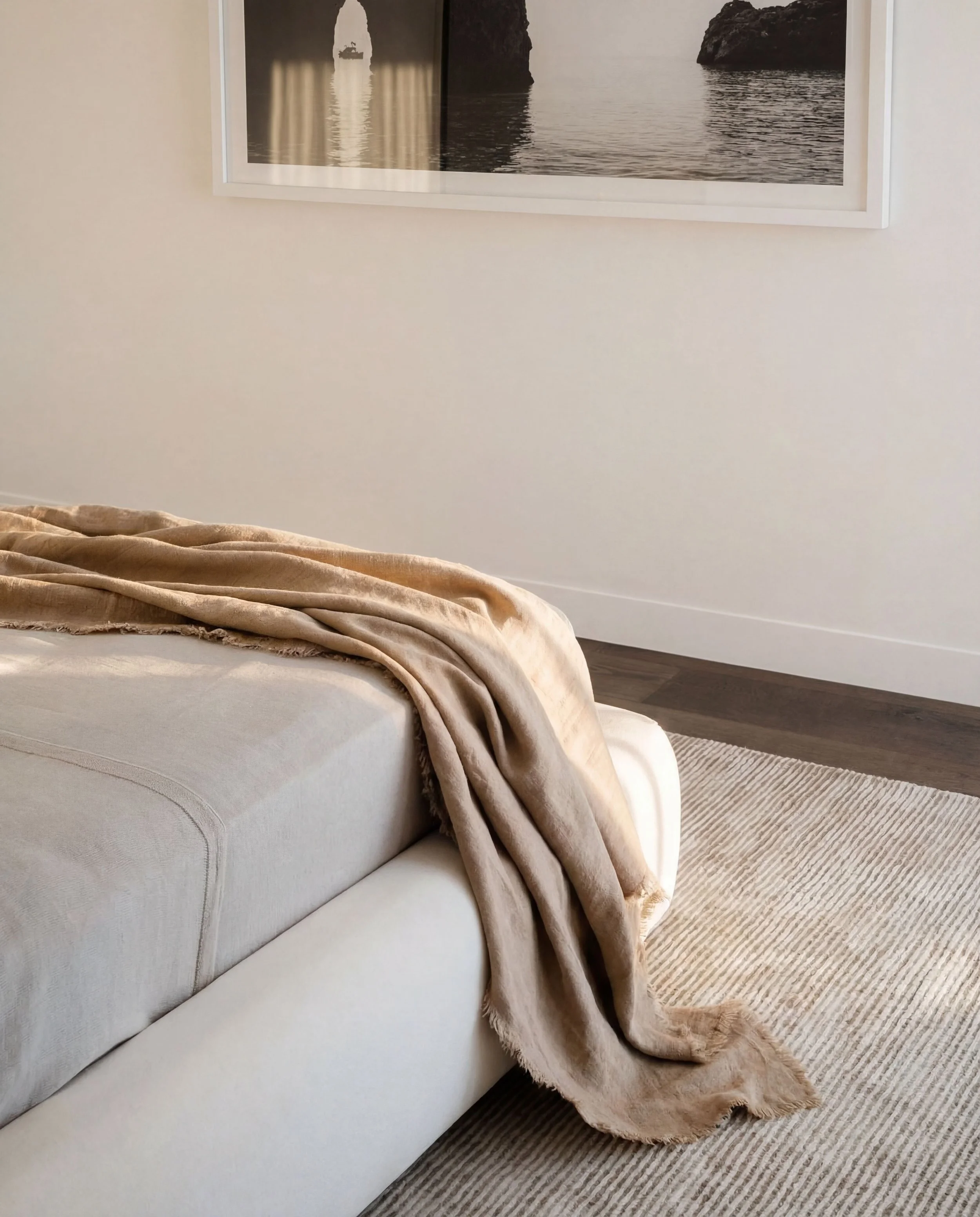 A beige sofa with a soft, velvet throw blanket draped over the arm, situated on a striped area rug. A black and white framed picture of a boat on water hangs on the wall above.