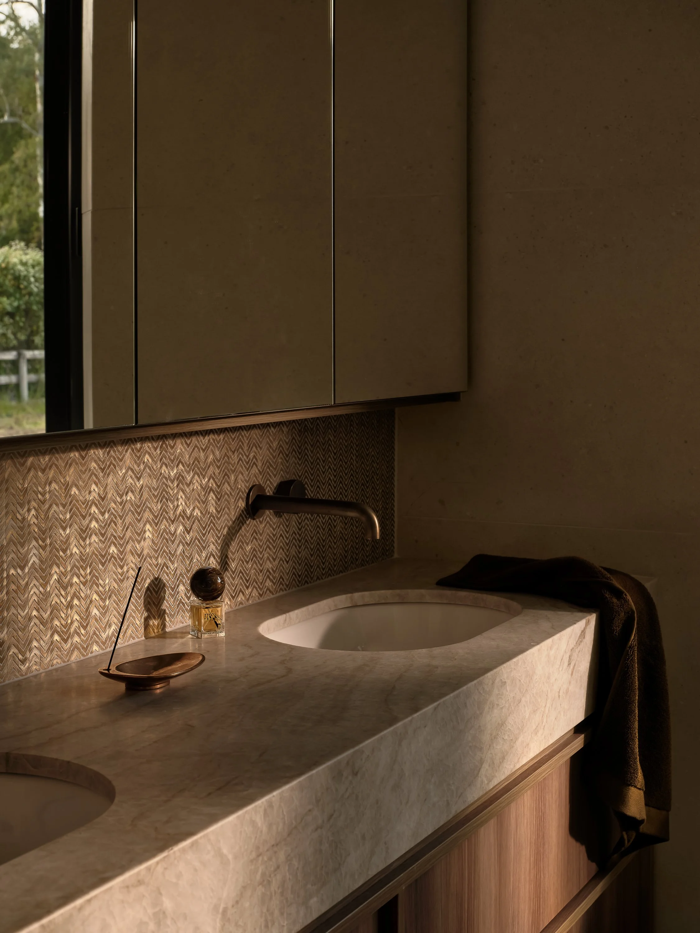 Marble bathroom vanity styled for architectural photography by Rory James Carter Sydney