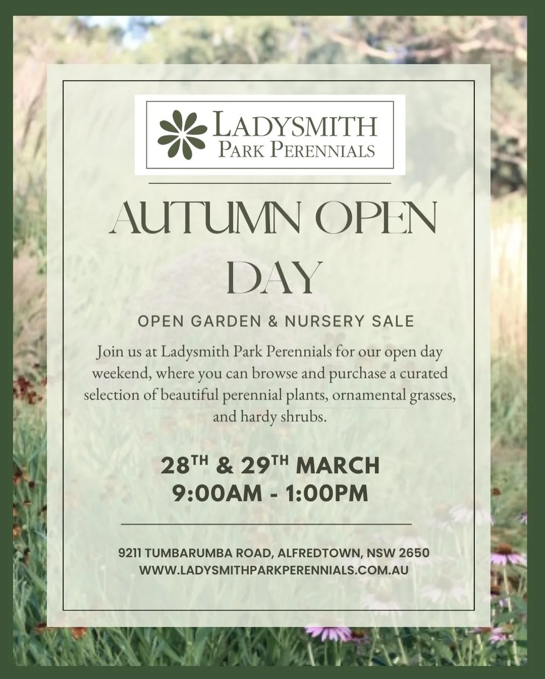 We&rsquo;re super excited for this weekend and our Autumn Open Day!🍁🍂🌿

Date: 28th &amp; 29th March

Time: 9:00 AM - 1:00 PM

Plants available: a wonderful collection of ornamental grasses, perennial shrubs and salvias - all grown here on the farm
