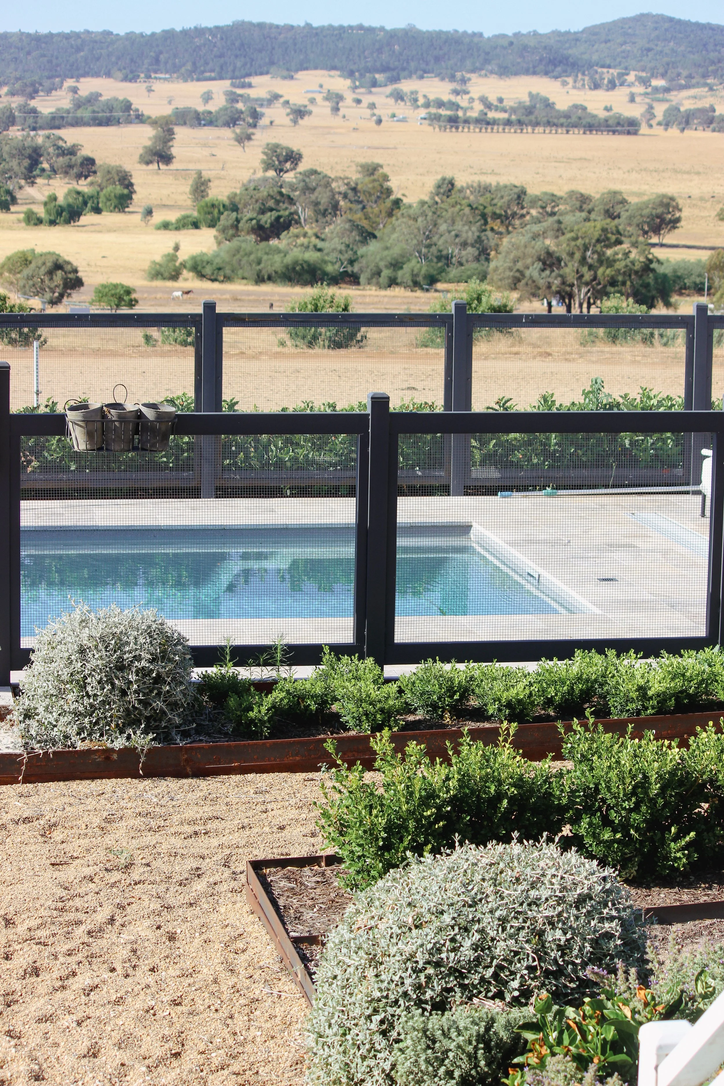 garden design, pool fence, pool paving, topiary, hedges, rural garden, country garden