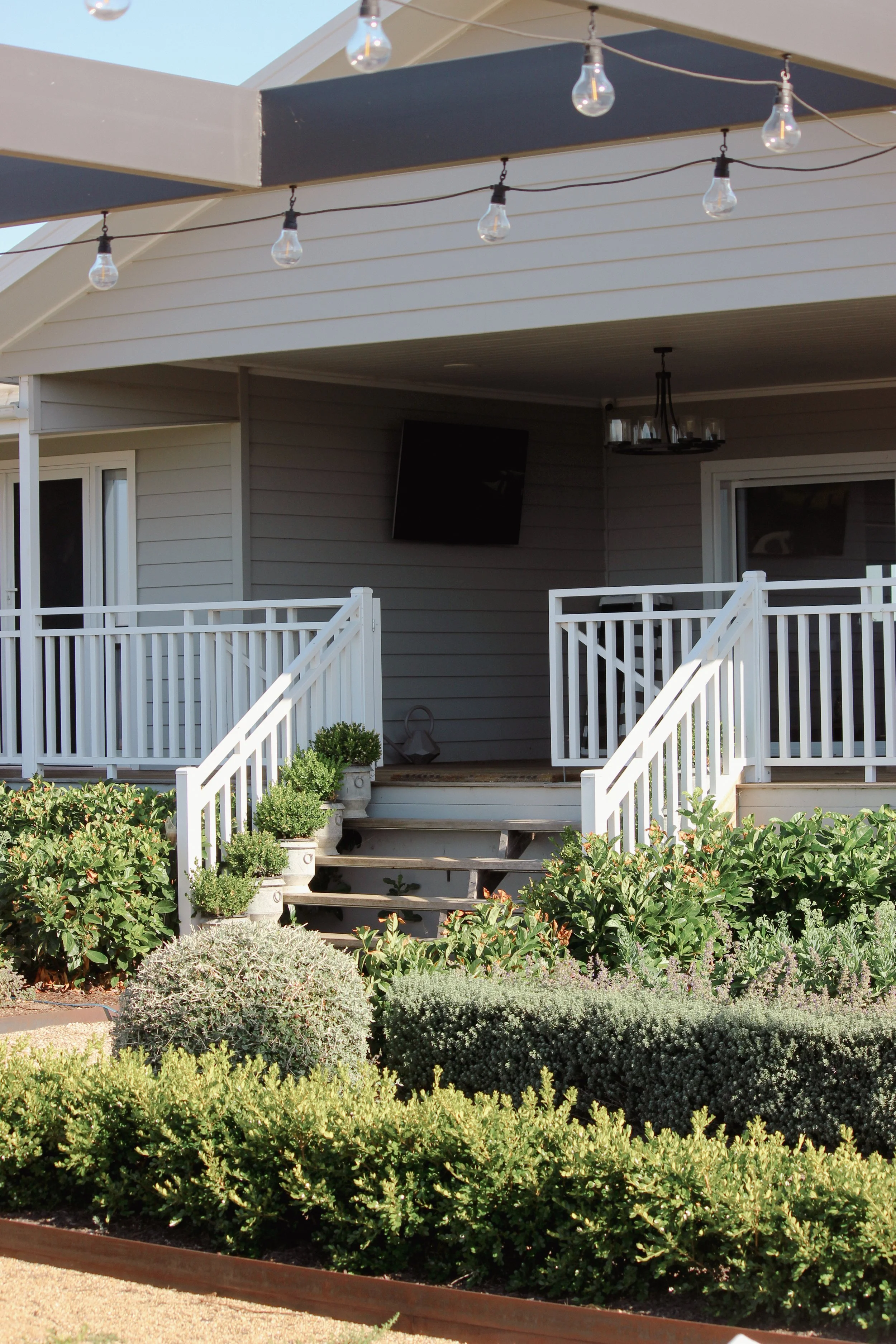 Landscape Design, Garden Design, Veranda, formal hedge, entrance steps, topiary