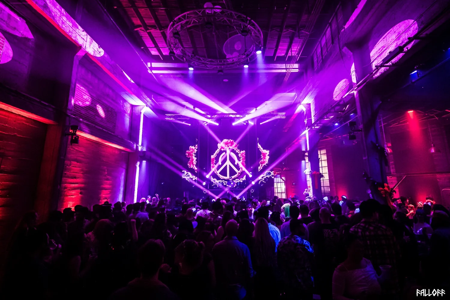 Given Peace performing before a purple-lit crowd with the peace-logo stage visual — photo by Falloff Pix Media