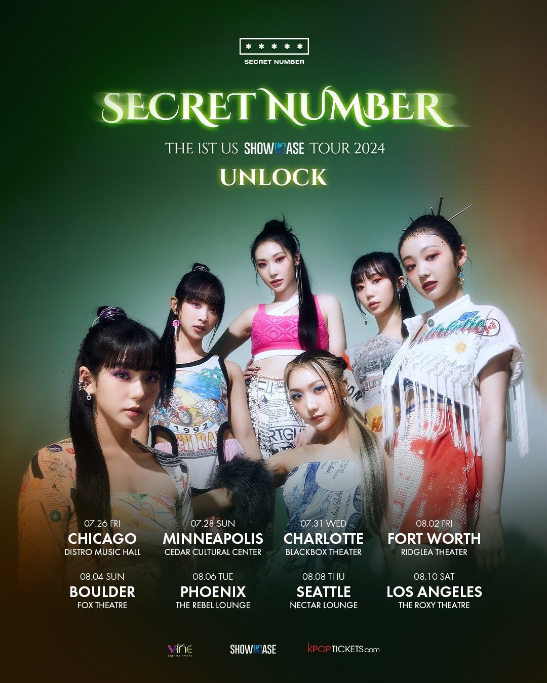 Studio PAV Presents: 
SECRET NUMBER ~ The 1st US Show(K)ase Tour 2024: UNLOCK
Sunday, July 28, 2024 / Doors: 6:30 PM / Show: 7:00 PM
All Ages
Standing
$39 General Admission + various add-ons
🎟 Tickets + add-ons on sale now! Head to our Linktree!