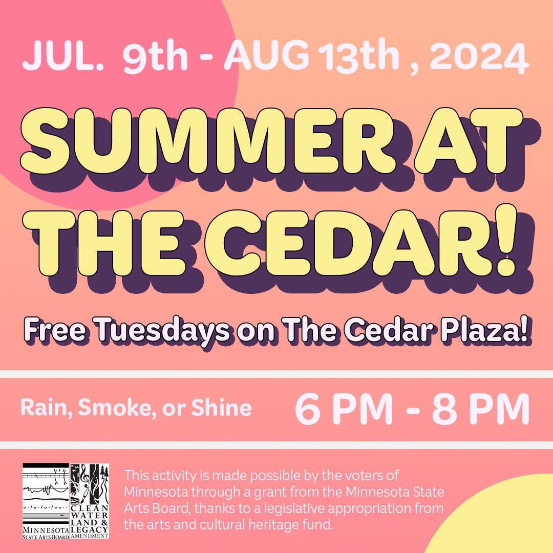 The Cedar Presents
☀️Summer at The Cedar☀️
July 9th - August 13th / 6 PM - 8 PM

A free Tuesday night concert series outdoors on the Cedar Plaza featuring both international and local artists! Food and beverages will be available for purchase from lo