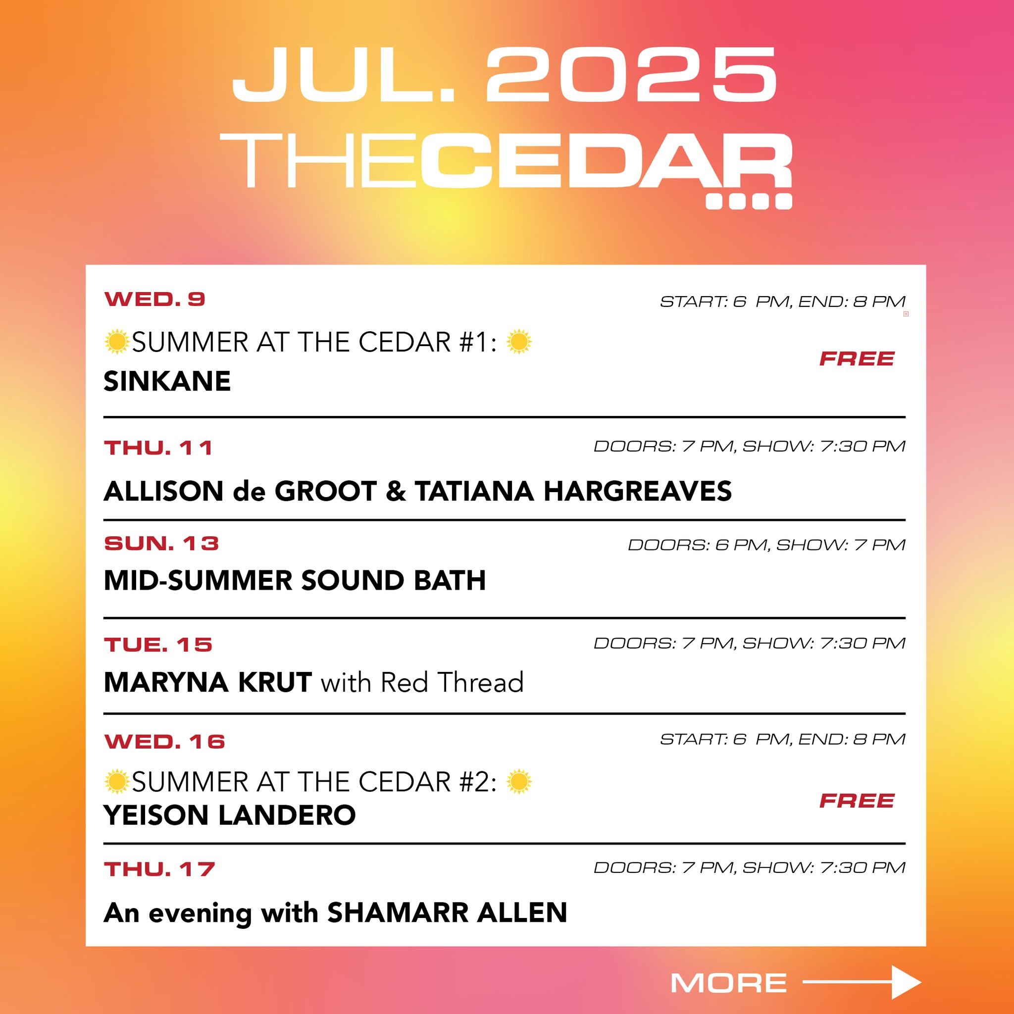 ☀️Summer at The Cedar kicks off our July Calendar!
Our FREE 7-week music series kicks off next Wednesday with Sinkane 🎶

Come hang with us every Wednesday, 6&ndash;8PM, for live global music, warm summer vibes, and community joy&mdash;all for free! 