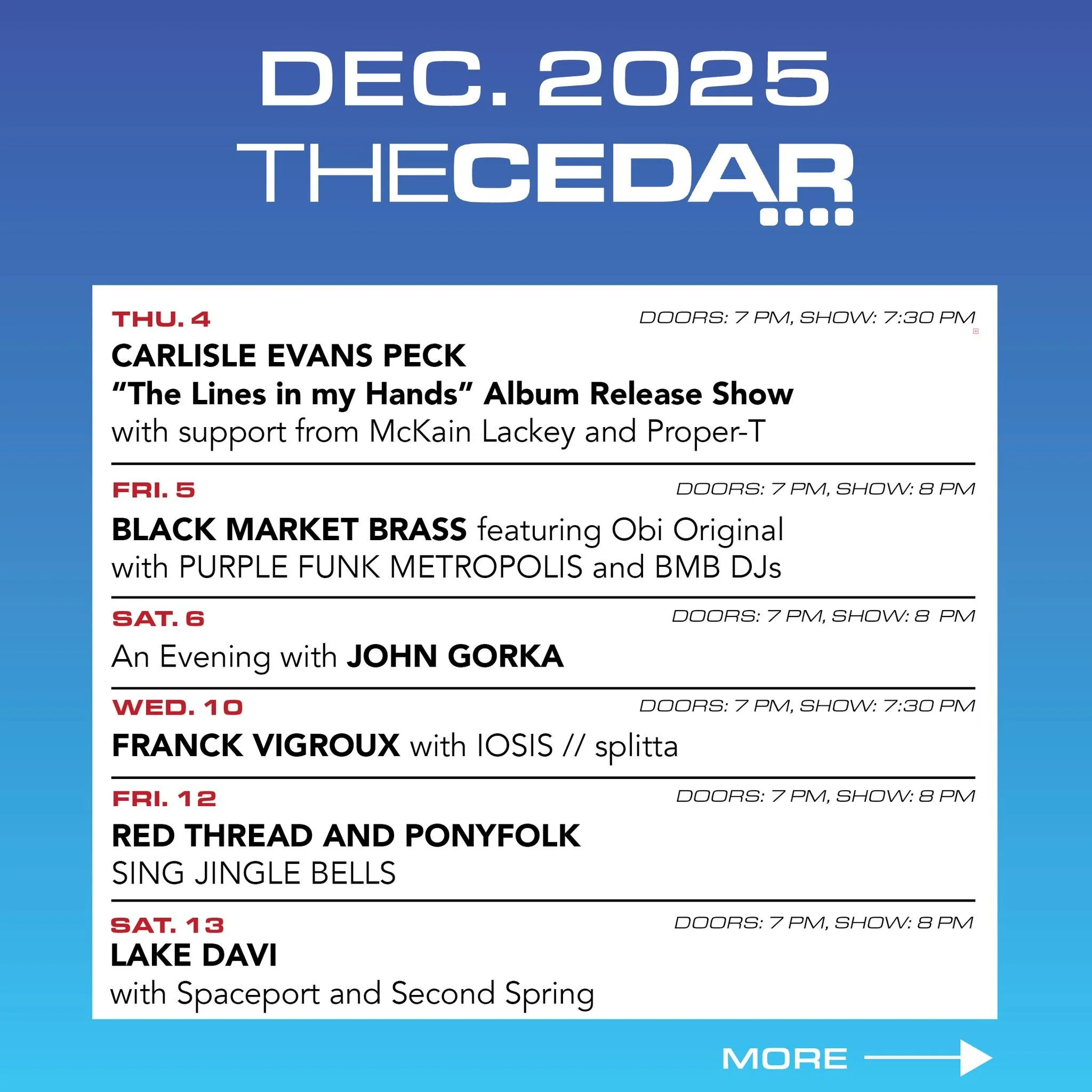 We&rsquo;re ending the year with a vibrant mix of music!
From Cedar Commissions alumni Carlisle (&quot;Lines in my Hands&quot; Album Release - Tonight!) and Sarah Larsson (Red Thread and Ponyfolk sing Jingle Bells), to Franck Vigroux&rsquo;s immersiv