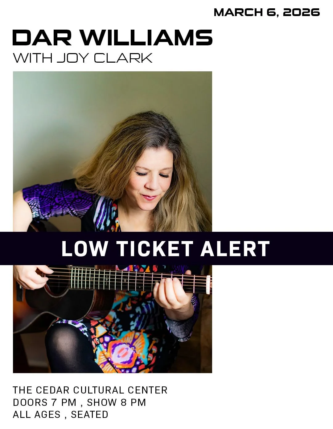 ❗LOW TICKET ALERT❗
DAR WILLIAMS with Joy Clark
Friday, March 6, 2026 / Doors: 7:00 PM / Show: 8:00 PM
All Ages
Seated

🎟 Get tickets at the link in our bio!