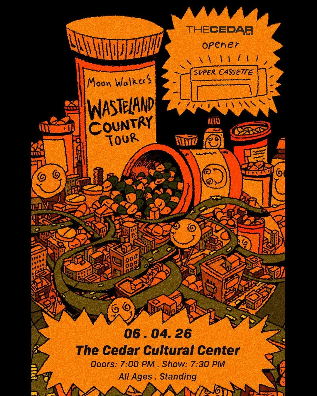 The Cedar Presents
Moon Walker&rsquo;s Wasteland Country Tour with Super Cassette 
Thursday, June 4, 2026/ Doors: 7:00 PM / Show: 7:30 PM
All Ages
Standing

Brooklyn-based indie rocker Moon Walker explores themes of capitalism, religion, and warfare 