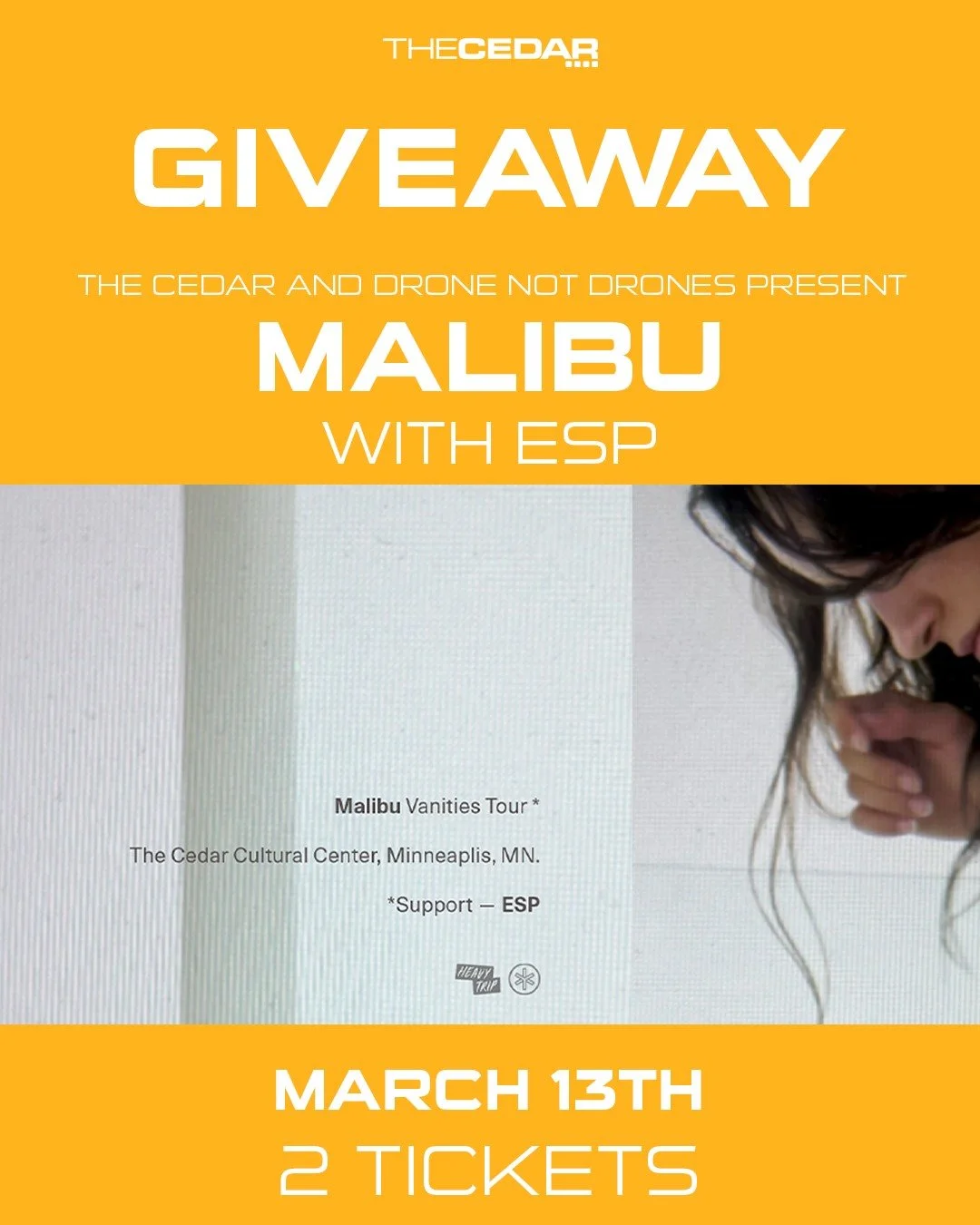 GIVEAWAY TIME!

We are partnering with Drone not Drones to give away a pair of tickets to see MALIBU with ESP, tomorrow, Friday, March 13, 2026!
Doors: 7:00 PM / Show: 8:00 PM

French electronic artist Malibu composes music full of haunting melodies,