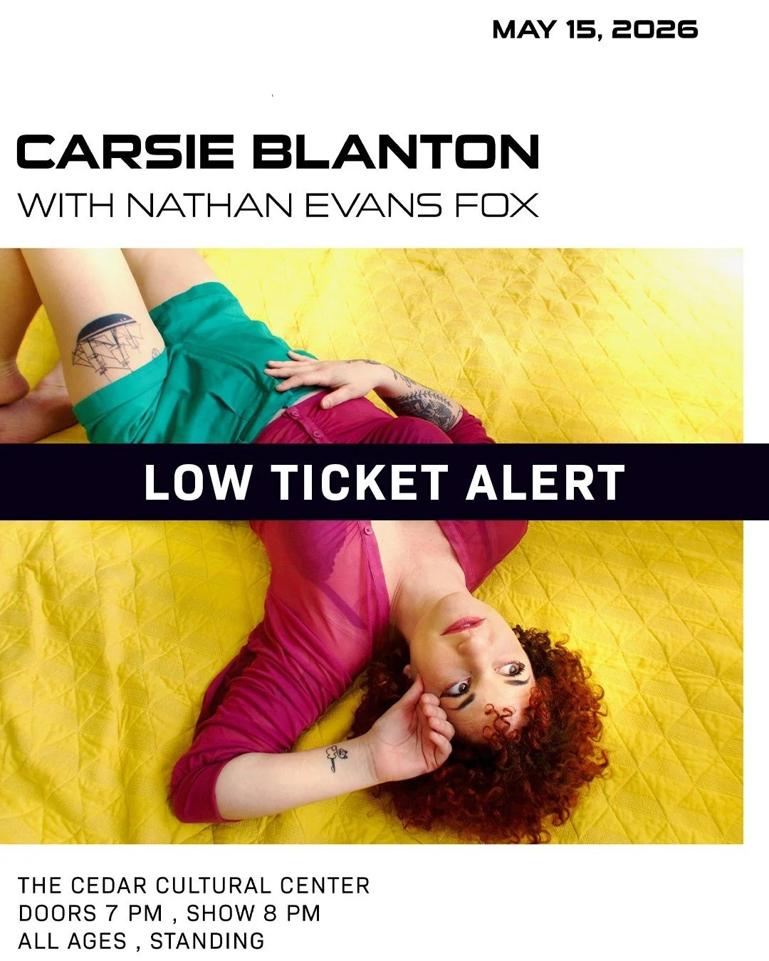 ❗LOW TICKET ALERT❗
CARSIE BLANTON with Nathan Evans Fox
Friday, May 15, 2026 / Doors: 7:00 PM / Show: 8:00 PM
All Ages / Seated

Philadelphia pop-folk songwriter Carsie Blanton takes her cues from legends like Nina Simone, Cleo Brown, Joni Mitchell a