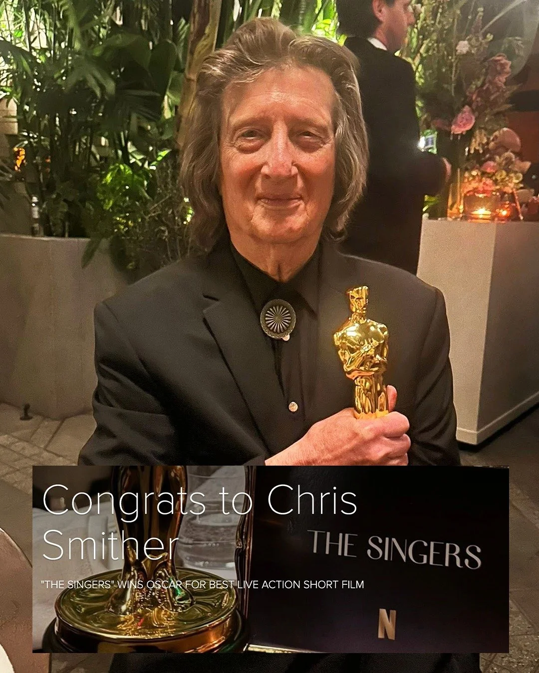 Congratulations to Chris Smither on an Oscar win!
"The Singers," a short film about an impromptu singing contest at a dive bar that turns a lonely night into a soul-baring moment of shared harmony, won the Oscar for Best Live Action Short F