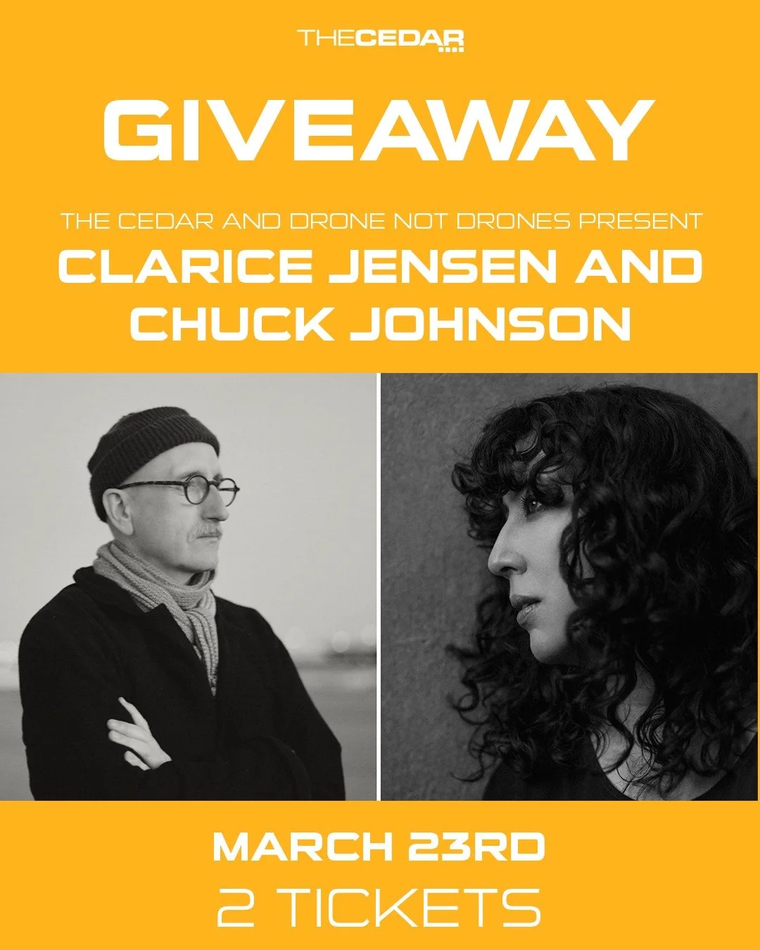 GIVEAWAY TIME!

We are partnering with Drone not Drones to give away a pair of tickets to see CLARICE JENSEN and CHUCK JOHNSON, Monday, March 23, 2026!
Doors: 7:00 PM / Show: 7:30 PM

Drone Not Drone veterans composer/cellist Clarice Jensen and compo