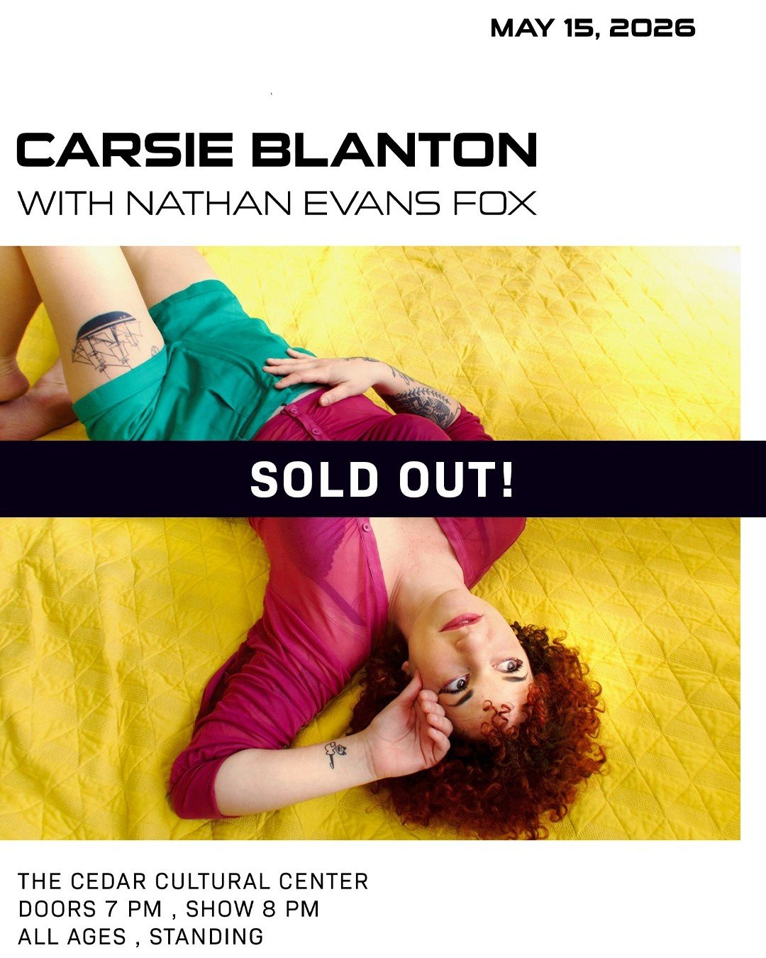 ❗SOLD OUT❗
CARSIE BLANTON with Nathan Evans Fox
Friday, May 15, 2026 / Doors: 7:00 PM / Show: 8:00 PM
All Ages / Seated

Philadelphia pop-folk songwriter Carsie Blanton takes her cues from legends like Nina Simone, Cleo Brown, Joni Mitchell and John 