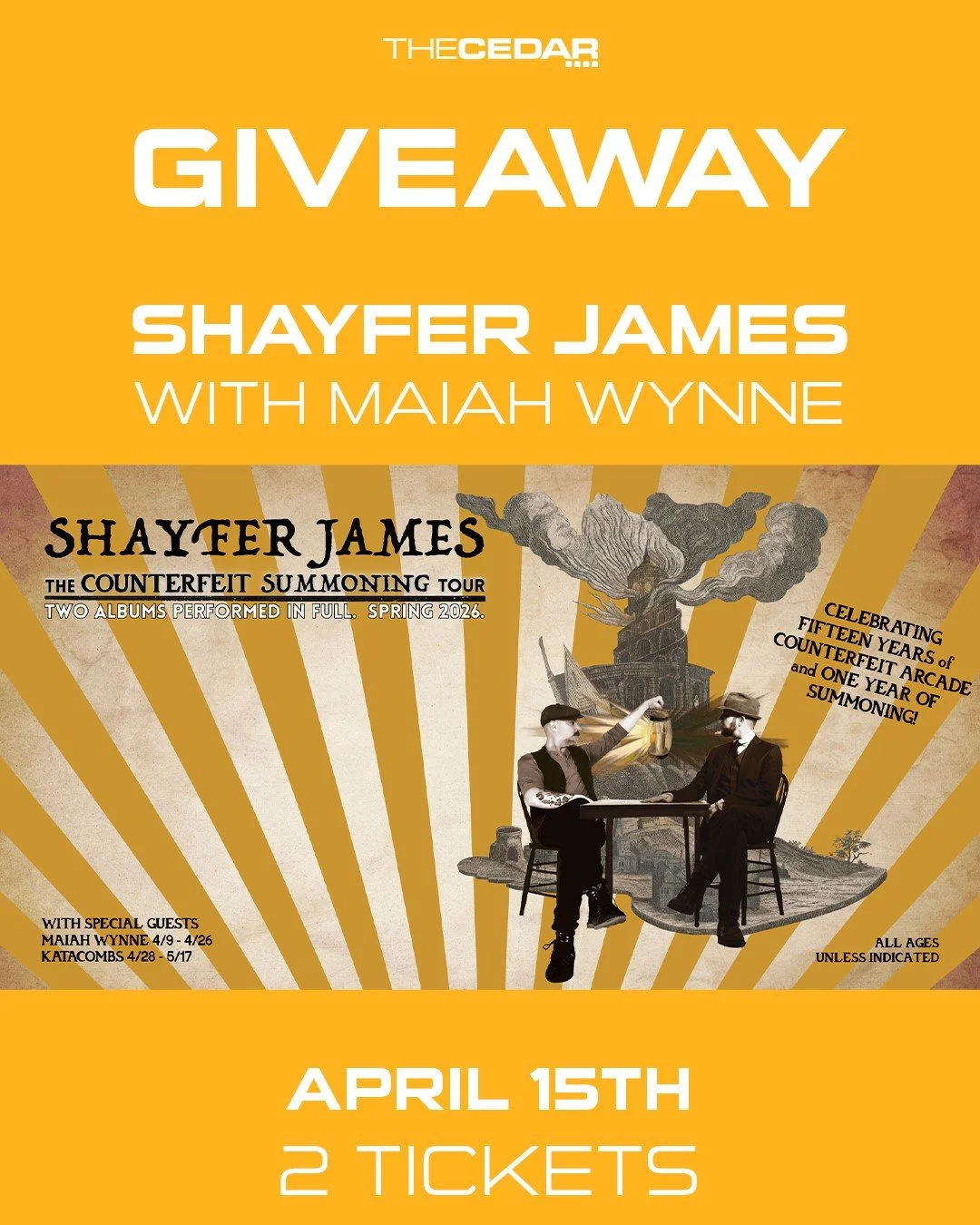 GIVEAWAY TIME!

We are partnering with our friends at PILLLAR  to give away a pair of tickets to SHAYFER JAMES with Maiah Wynne, on Wednesday, April 15, 2026!
Doors: 7:00 PM / Show: 7:30 PM

Shayfer James is an internationally touring American singer
