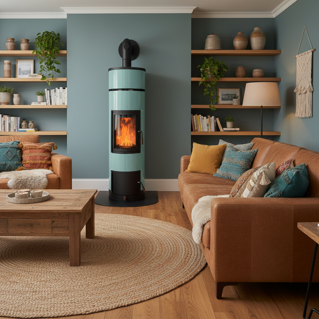 Türkiser Grundofen in einem Wohnzimmer mit brauner Ledergarnitur