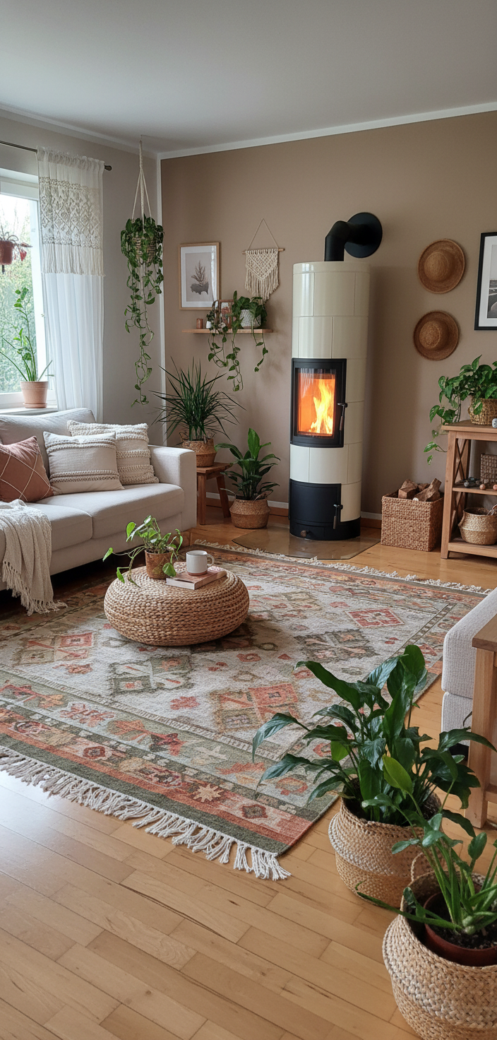 Weißer Grundofen in Wohnzimmer Boho Stil