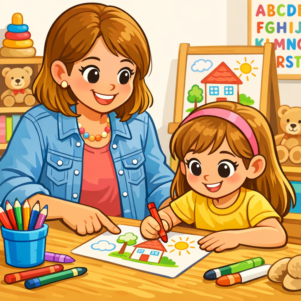A teacher and a young girl drawing on paper with crayons in a classroom filled with toys, teddy bears, and educational posters.