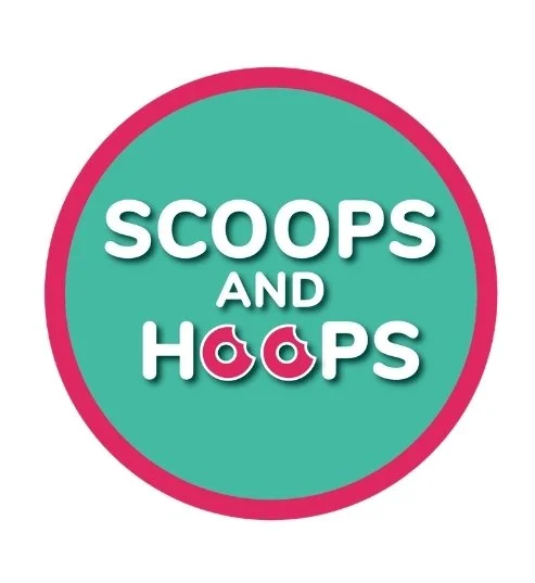 Logo with teal background and pink border reading "SCOOPS AND HOOPS" with ice cream cone and basketball images replacing the two O's in "HOOPS".