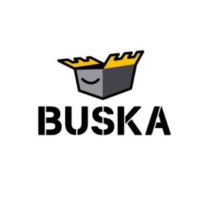 A cartoon illustration of a smiling black trash bin with yellow flames on top, and the word 'BUSKA' written underneath in bold black letters.