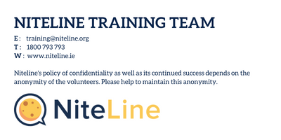 A letterhead showing NiteLine Training Team's contact info and a confidentiality disclaimer. NiteLine logo with a stylized moon and a speech bubble.