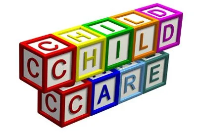 Colorful blocks spelling out "CHILD CARE" with the words arranged on top of each other.