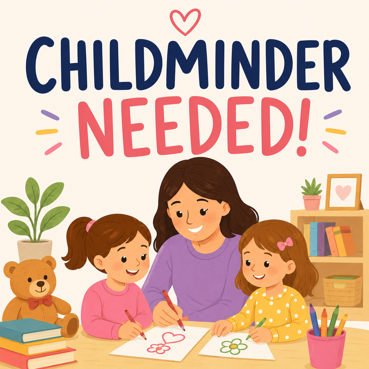 Illustration of a woman with two young girls drawing and coloring at a table, with a sign above them reading "Childminder Needed!" and various plants, books, and a teddy bear in the background.