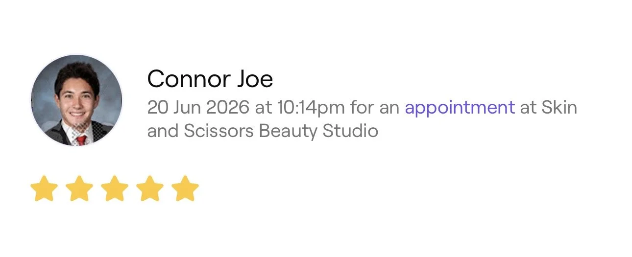 Review profile card for Connor Joe showing his photo, name, appointment date and time, location at Skin and Scissors Beauty Studio, and a five-star rating.