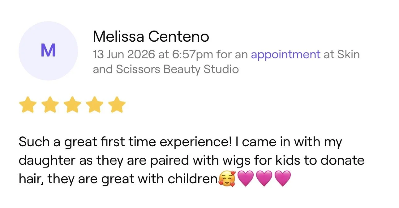 A screenshot of a customer review for Skin and Scissors Beauty Studio, featuring the customer's name Melissa Centeno, appointment date June 13, 2026, and a five-star rating. The review praises the studio's first-time experience, mentioning that the daughter was paired with wigs for kids to donate hair, and includes emojis of a smiling face with hearts and three pink hearts.