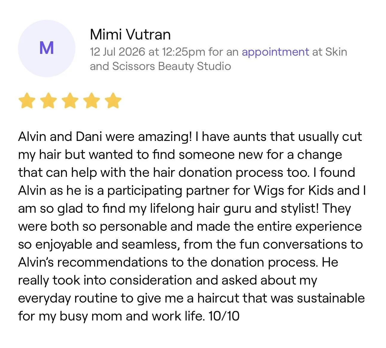 Online review for a hair salon appointment, showing a five-star rating, the name Mimi Vutran, and a detailed positive testimonial about the hairstylists Alvin and Dani.