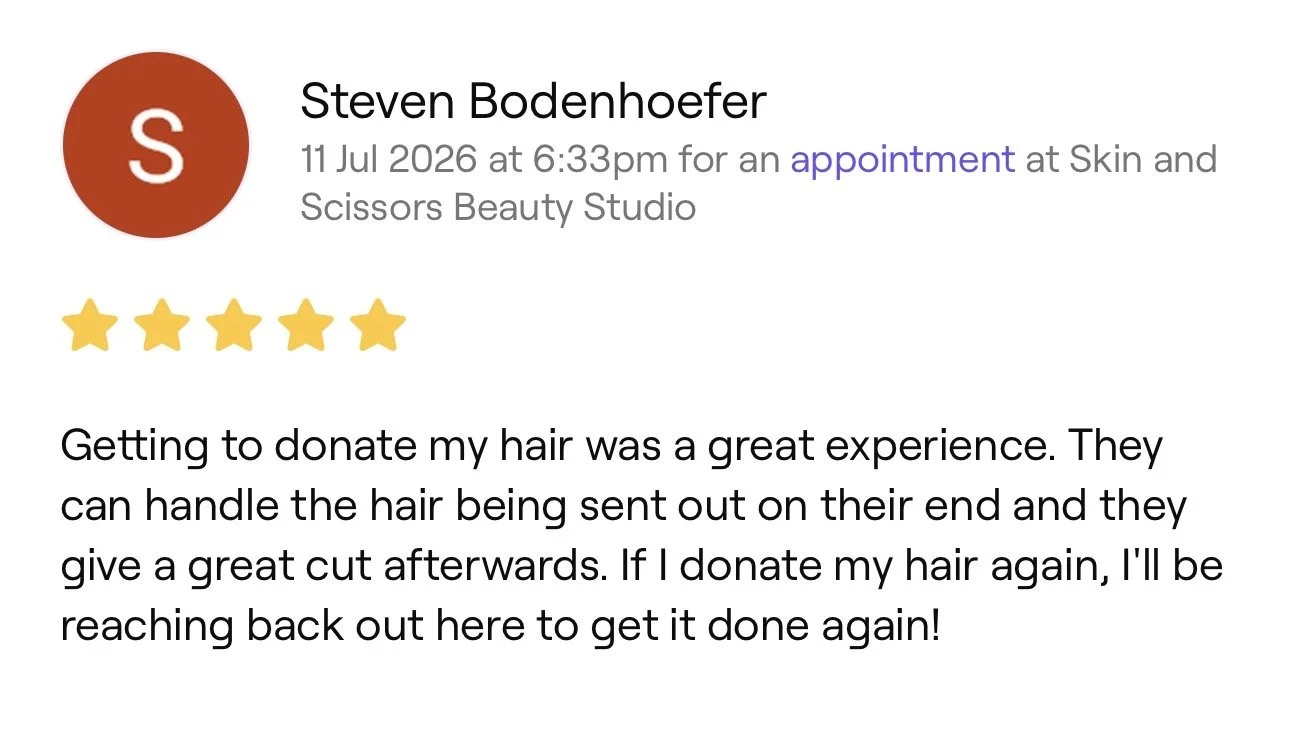 Screenshot of a Google review for a hair salon, indicating a 5-star rating and a positive comment about the hair donation experience.