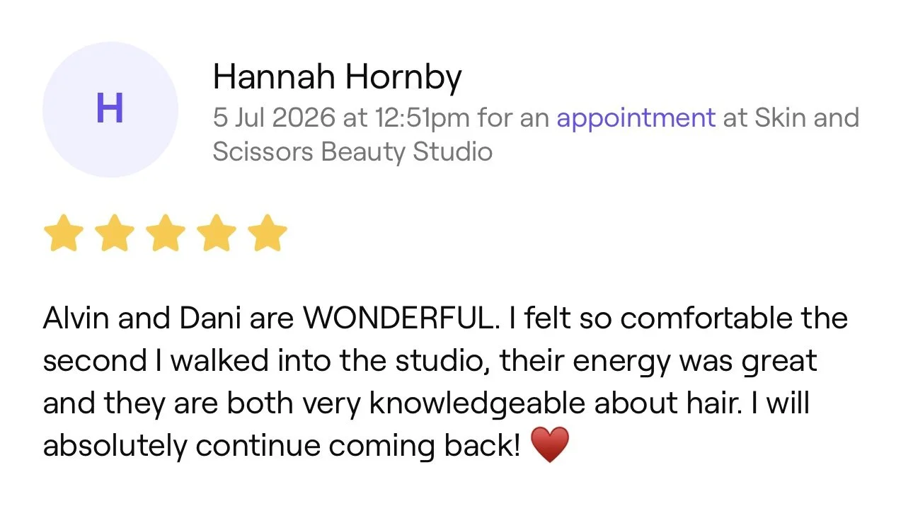 Review card for Hannah Hornby with appointment details, five stars, positive feedback about Alvin and Dani, and a red heart emoji.