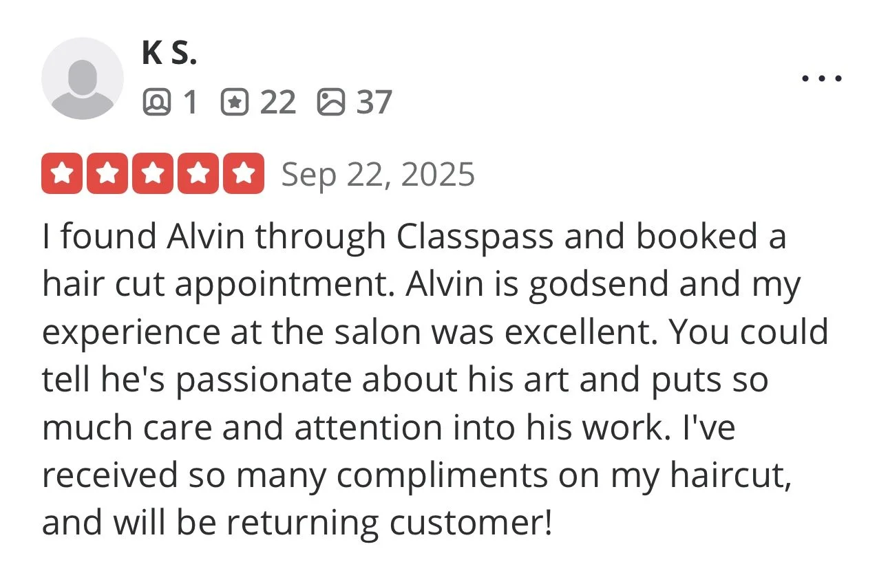 Screenshot of a customer review on a salon booking platform. The review is positive, dated September 22, 2025, with a five-star rating. The reviewer, K.S., praises Alvin for their skill and passion, and mentions receiving many compliments on their haircut.