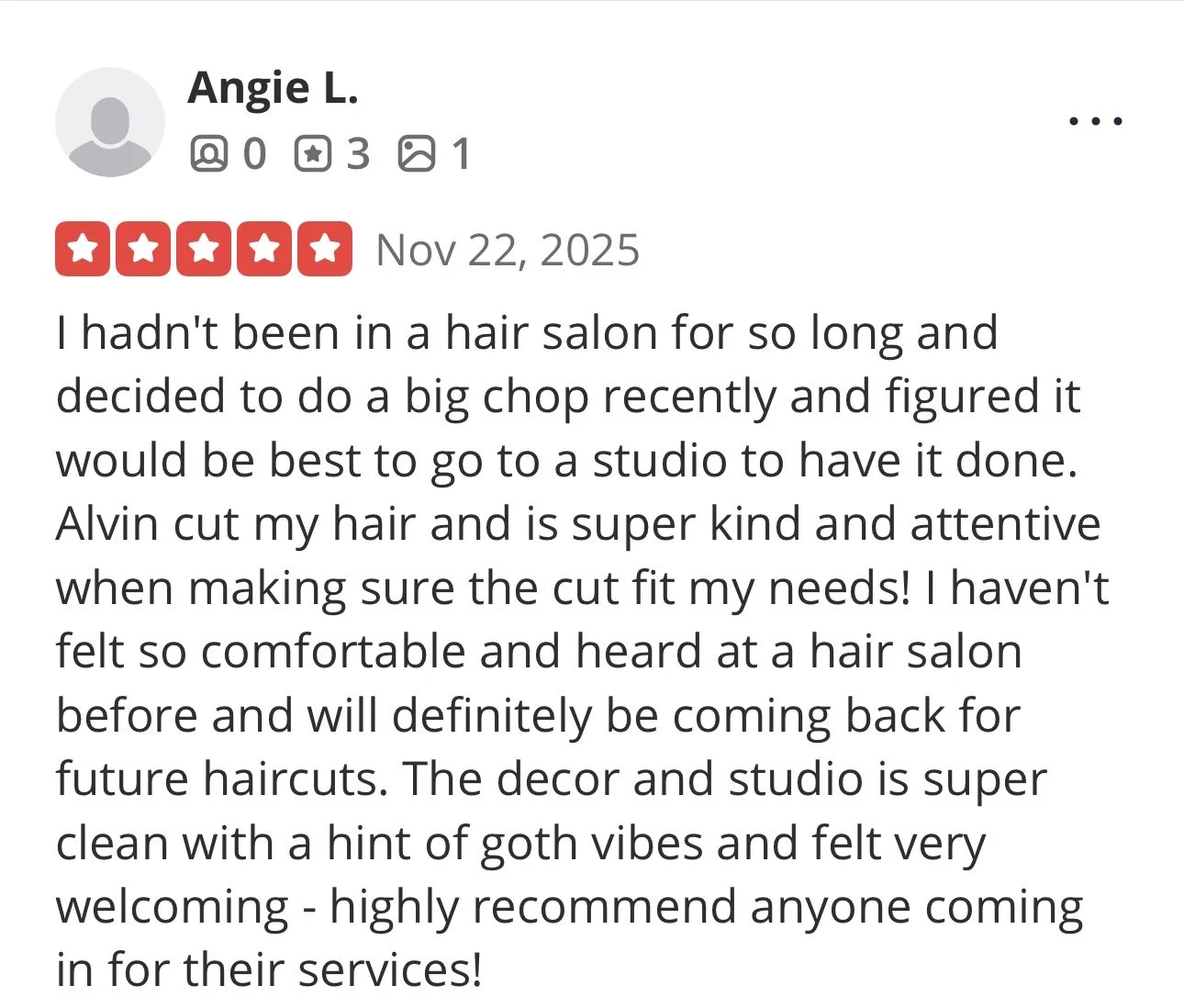A screenshot of a customer review for a hair salon, featuring a five-star rating, the reviewer's name Angie L., and the review text praising the salon's service, decor, and staff.