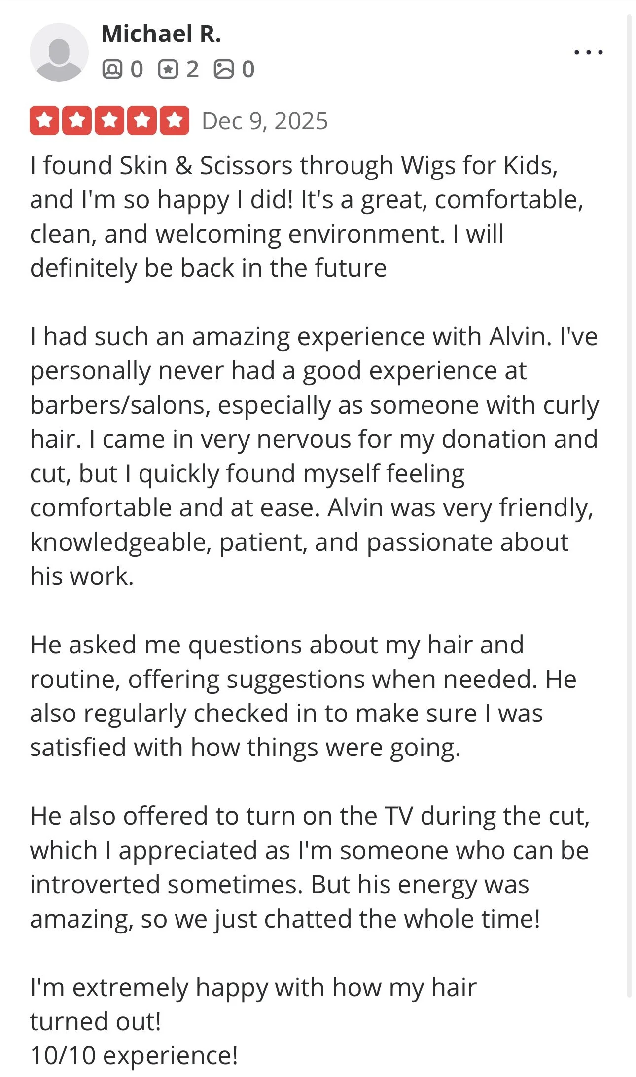Screenshot of a positive customer review about a hair cutting experience, praising the stylist named Alvin for his patience, knowledge, and friendly demeanor.