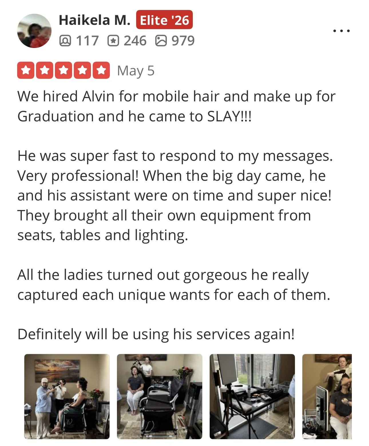 Photo collage featuring people in a hair and makeup studio, including a woman getting her hair styled and others sitting and standing near salon equipment.