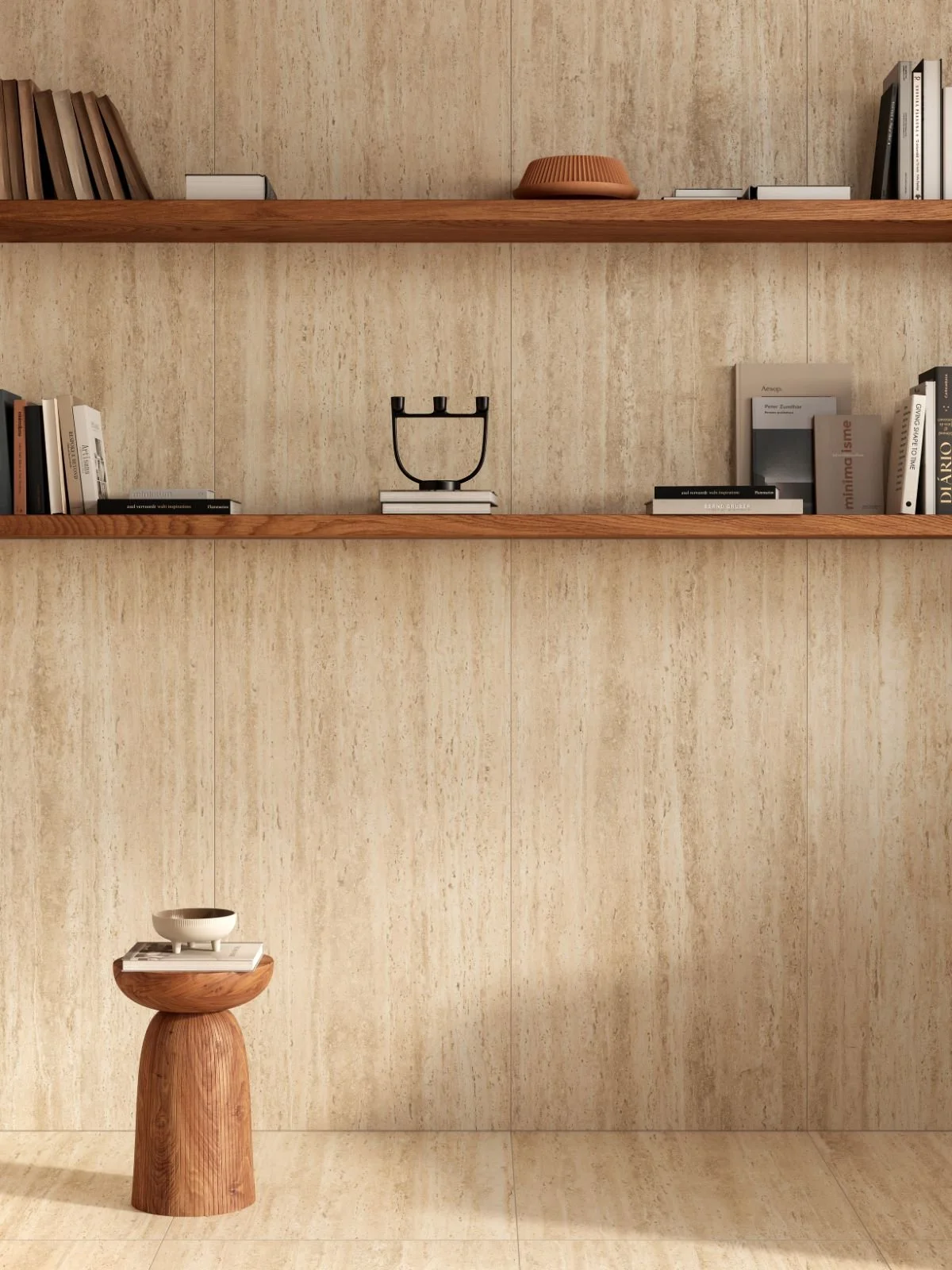 A room setting displaying Travertine Classico tiles made in Italy. The tiles are installed on both the wall and the floor, creating an elegant and natural ambiance. The warm tones and textured surface of the tiles add depth and character to the space